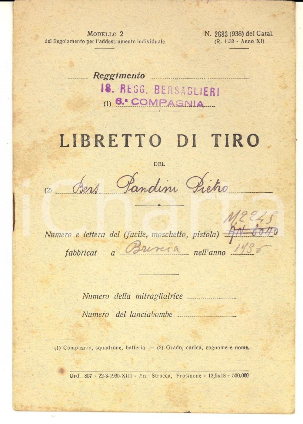 1936 REGIO ESERCITO 18° Reggimento BERSAGLIERI - Libretto di tiro Pietro PANDINI Libretto di tiro rilasciato alla recluta Pietro Pandini, cui è assegnato un fucile fabbricato a Brescia nell'anno 1936.Il libretto riporta i dati relativi alle lezioni di tiro, munizioni impiegate, bersagli centrati e premi ottenuti.PAGINE: 14 (6 compilate)    FAIR/discreto tracce d'uso e ingiallimenti FORMATO: 12x18 cm originale e autentica 1