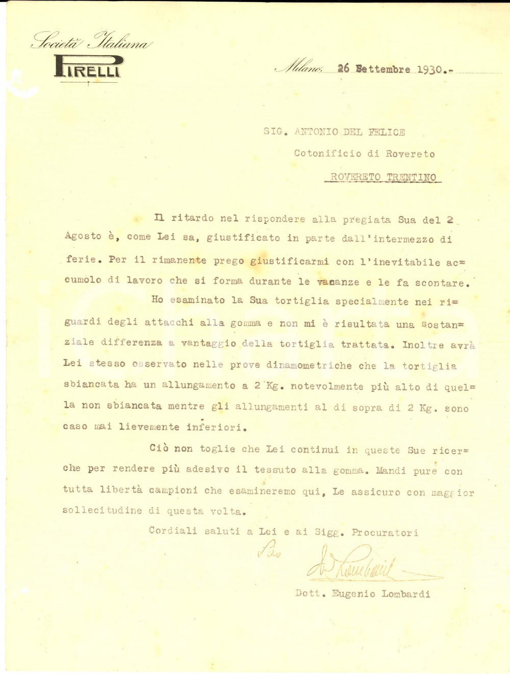 Manoscritto, lettera originale 1930 MILANO Società Italiana PIRELLI  Lettera di Eugenio Lombardi su tortiglie 1