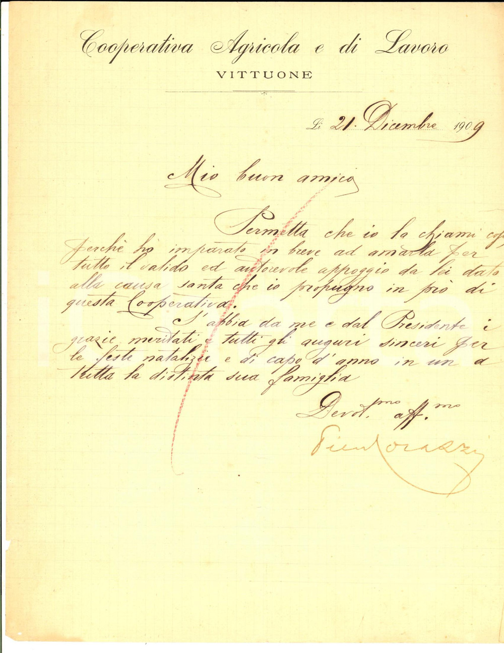 Manoscritto, lettera originale 1909 VITTUONE MI Cooperativa Agricola e di Lavoro  Lettera auguri Piero ORAZI 1