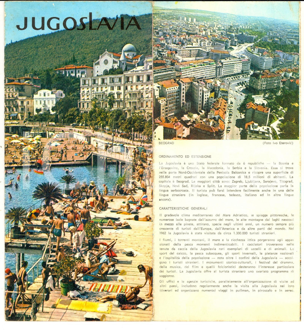1965 ca JUGOSLAVIA Pieghevole TURISMO ILLUSTRATO vintage - Italiano  Pieghevole turistico d'epoca, illustrato.  CONDIZIONI: G (ma minimi residui di gomma)PAGINE: 12 facciate     originale e autentica 1