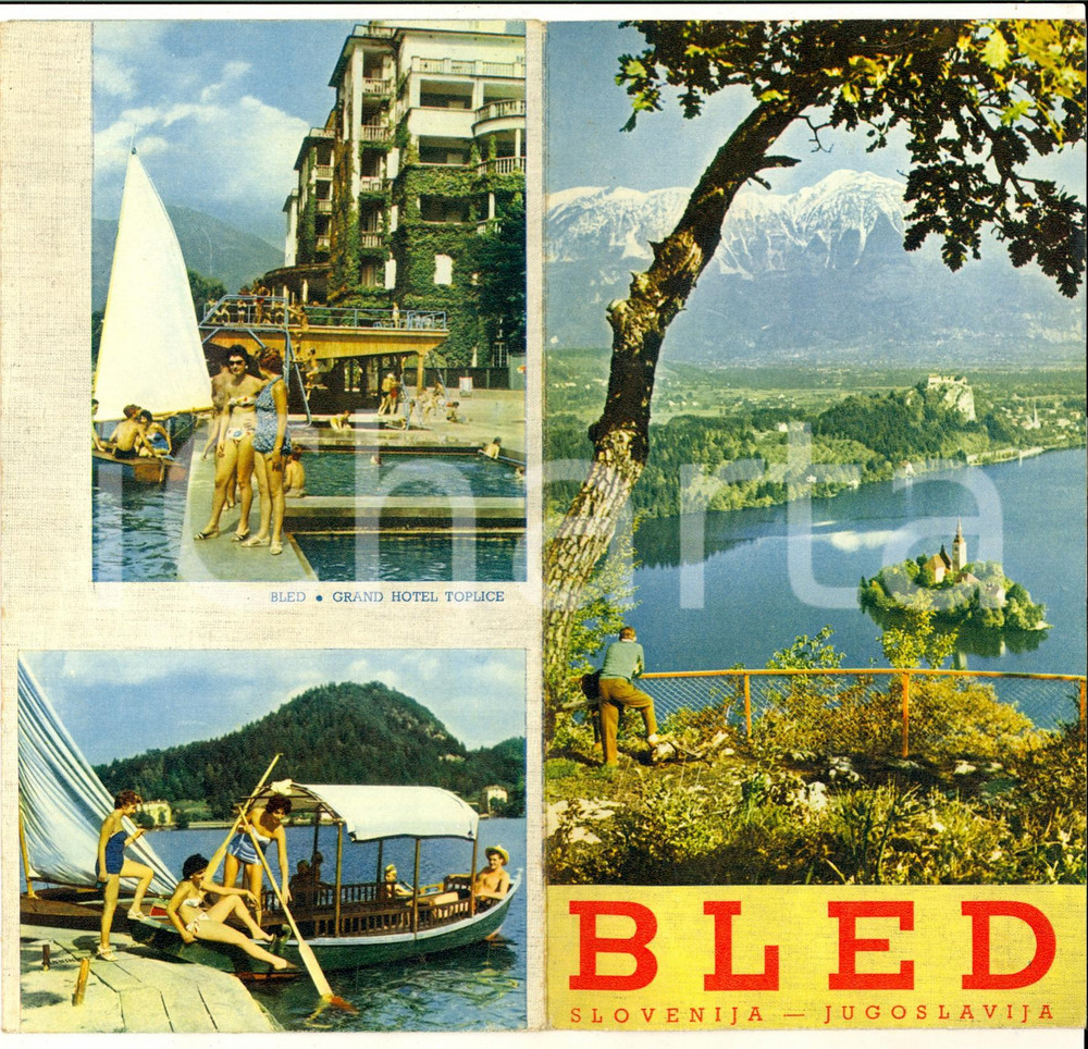 1959 BLED (SLOVENIA / JUGOSLAVIA) Pieghevole TURISMO ILLUSTRATO vintage  Pieghevole turistico d'epoca, illustrato, con mappa a colori al verso.  CONDIZIONI: G      originale e autentica 1