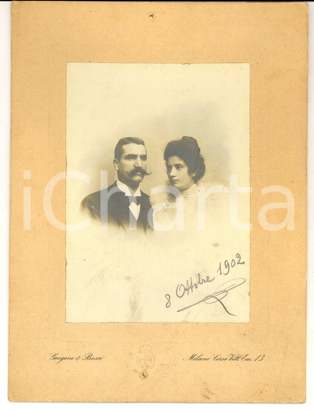 Fotografia d epoca originale 1902 MILANO Ritratto degli sposi Gilda e Giacomo Foto GUIGONI & BOSSI 16x22 cm 1