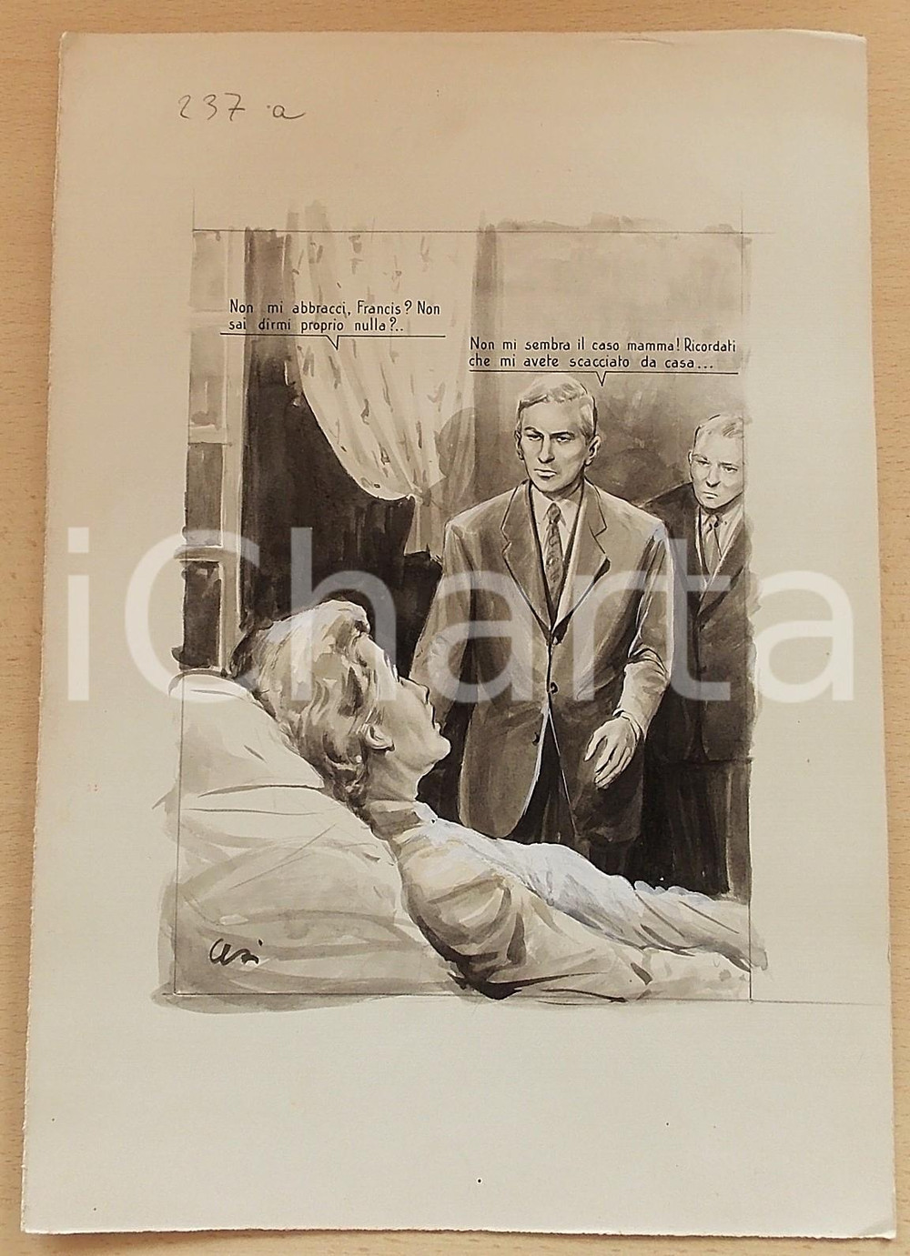 Opera d’arte autentica 1955 ca BOZZETTO ORIGINALE Figlio visita madre sul letto di morte Ill.CESI 1