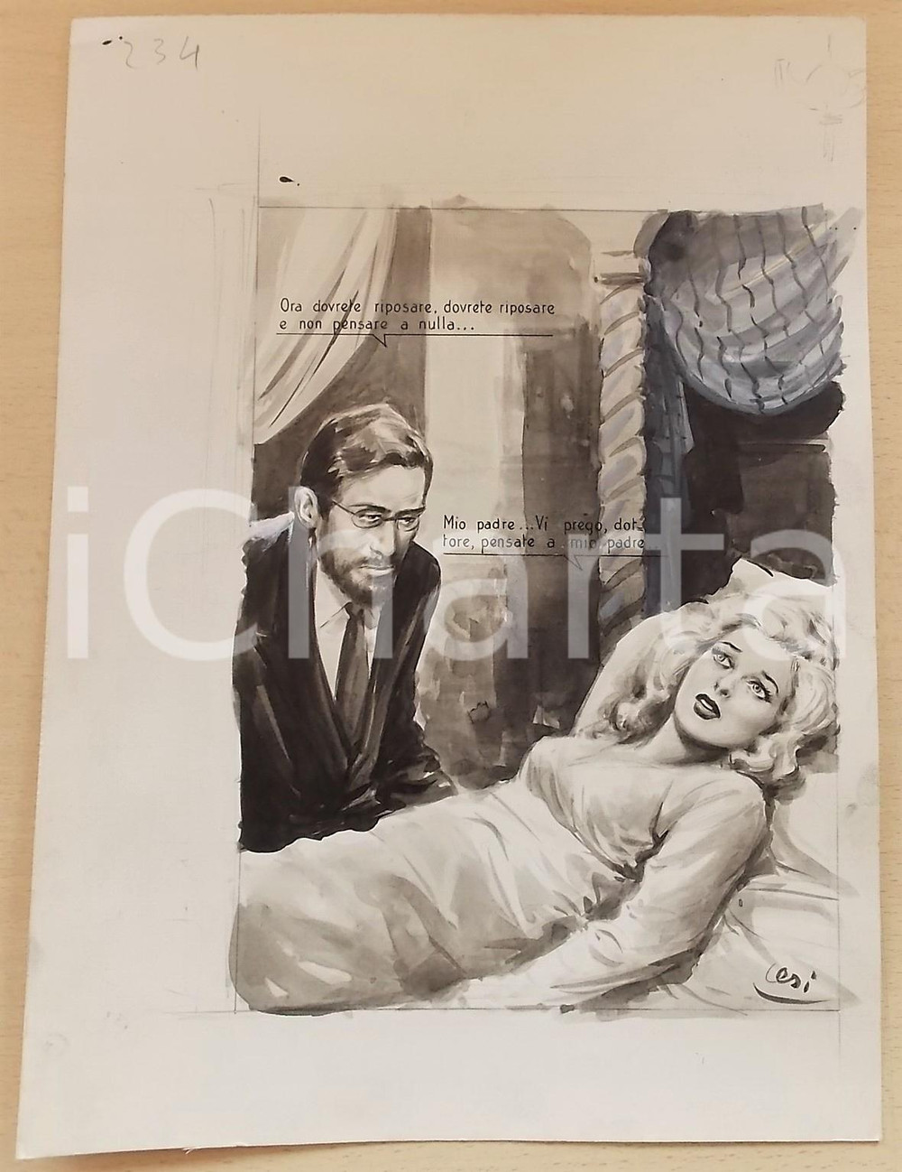 Opera d’arte autentica 1955 ca BOZZETTO ORIGINALE Medico cura donna prigioniera in un harem Ill. CESI 1