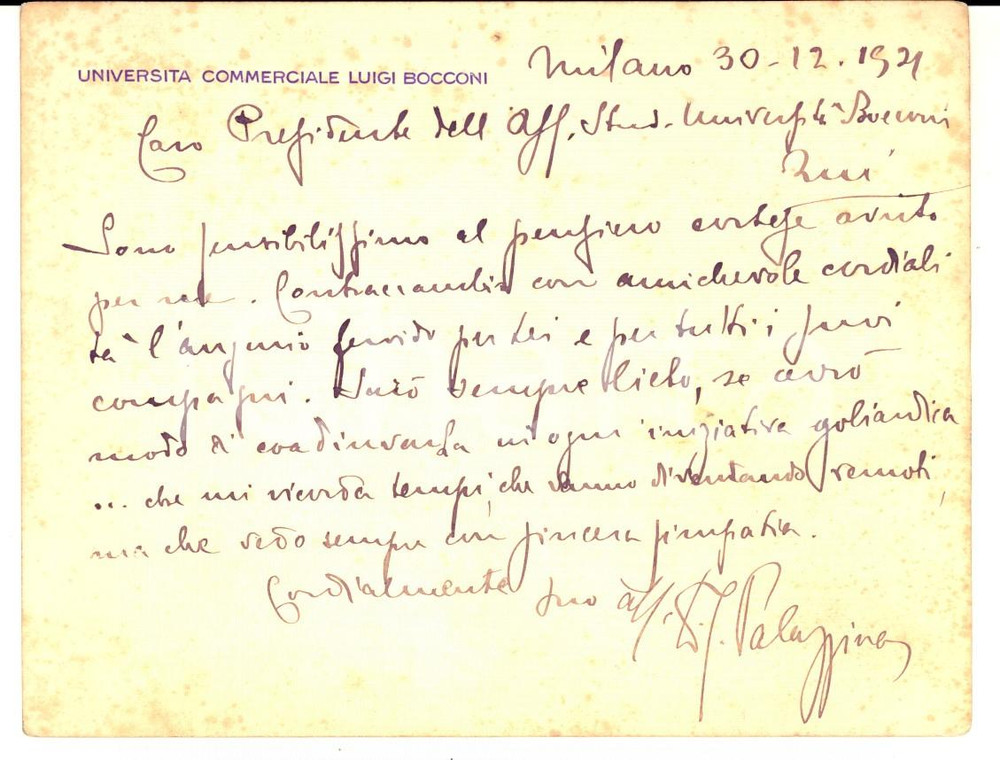Autografo originale 1921 MILANO Università BOCCONI Biglietto Girolamo PALAZZINA goliardia AUTOGRAFO 1