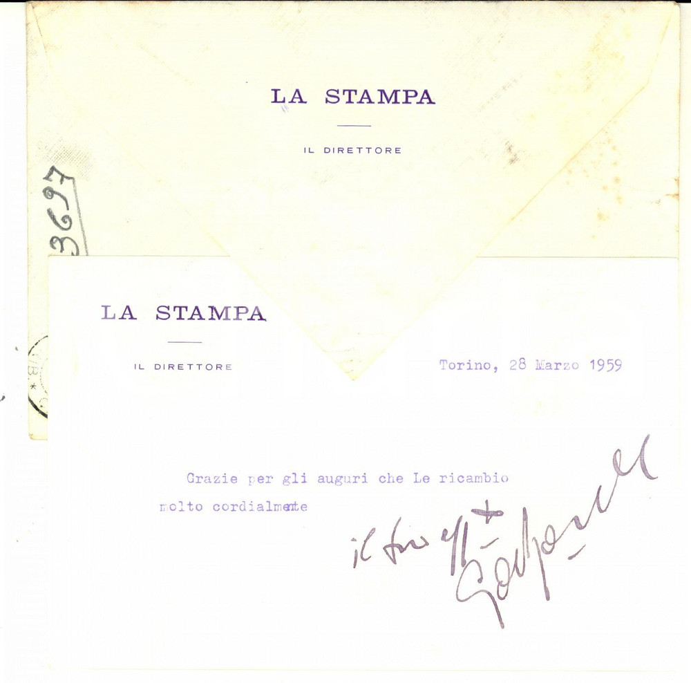Autografo originale 1959 TORINO LA STAMPA Biglietto auguri Giulio DE BENEDETTI direttore Autografo 1