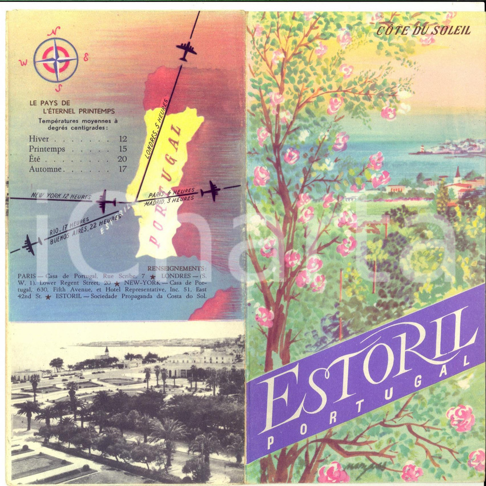 Materiale pubblicitario d’epoca 1955 ca ESTORIL / PORTUGAL Cote du soleil  Pieghevole vintage illustrato 1