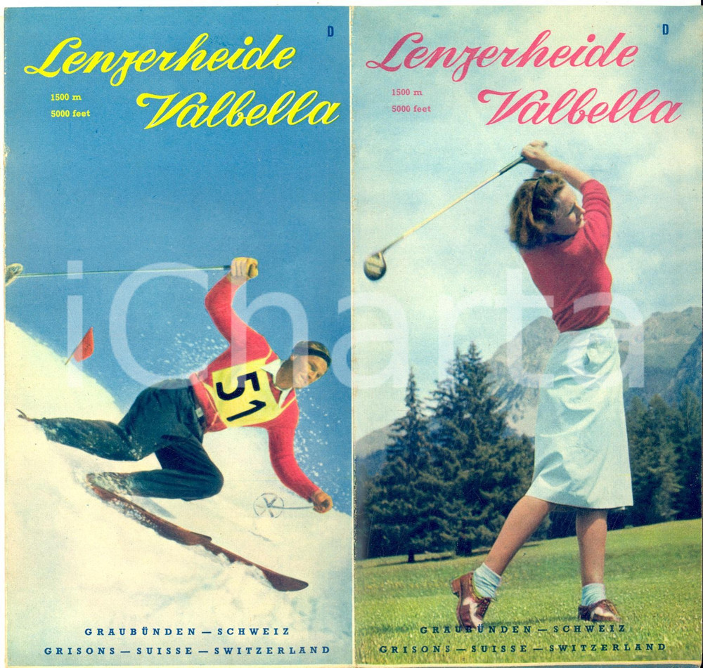 Materiale pubblicitario d’epoca 1954 GRIGIONI SVIZZERA Pieghevole LENZERHEIDEVALBELLA Illustrato VINTAGE 1