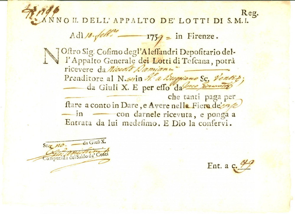 1759 BORGO A BUGGIANO Versamento Niccolò DAMIANI prenditore all'Appalto Lotti