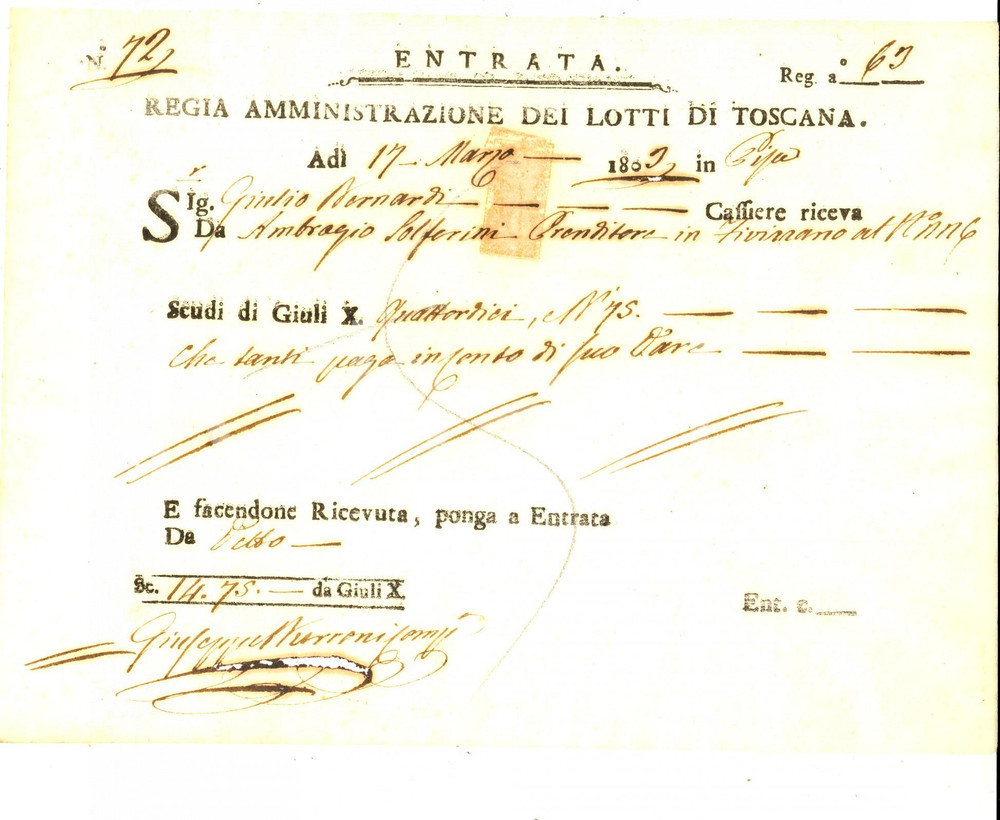 1803 FIVIZZANO Versamento Ambrogio SOLFERINI prenditore ad Amministrazione Lotti