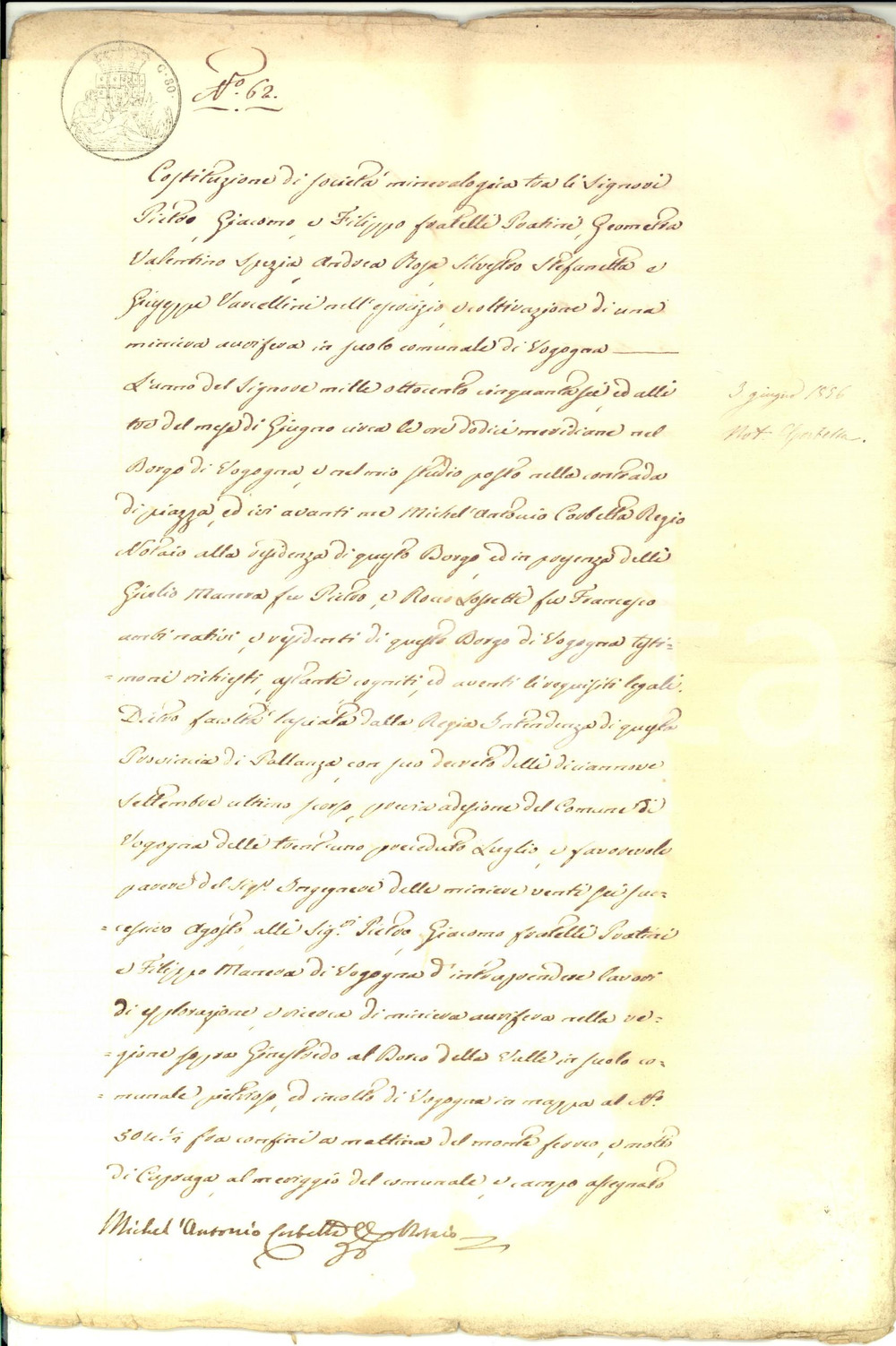 1856 GENESTREDO / VOGOGNA Costituzione società PRATINI per miniera aurifera 