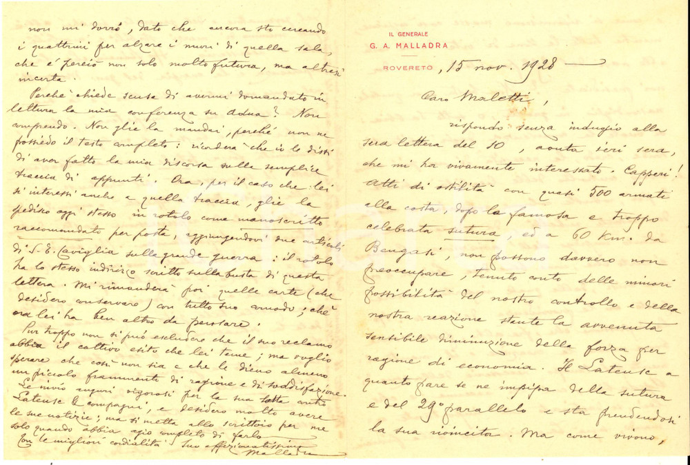 1928 ROVERETO Generale Giuseppe MALLADRA sulla riconquista della Libia AUTOGRAFO