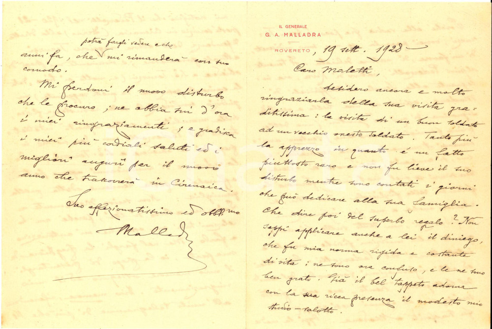 1928 ROVERETO Giuseppe MALLADRA si informa su ufficiale degli Alpini AUTOGRAFO