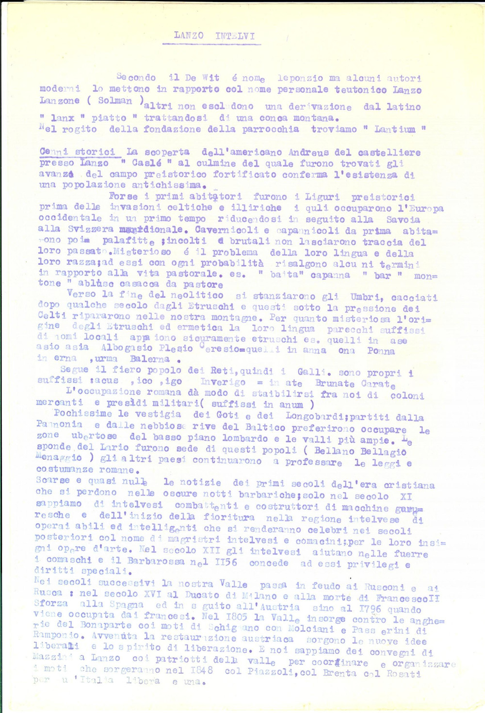 1965 ca LANZO INTELVI Storia - Religione - Chiesa - Artisti *Dattiloscritto