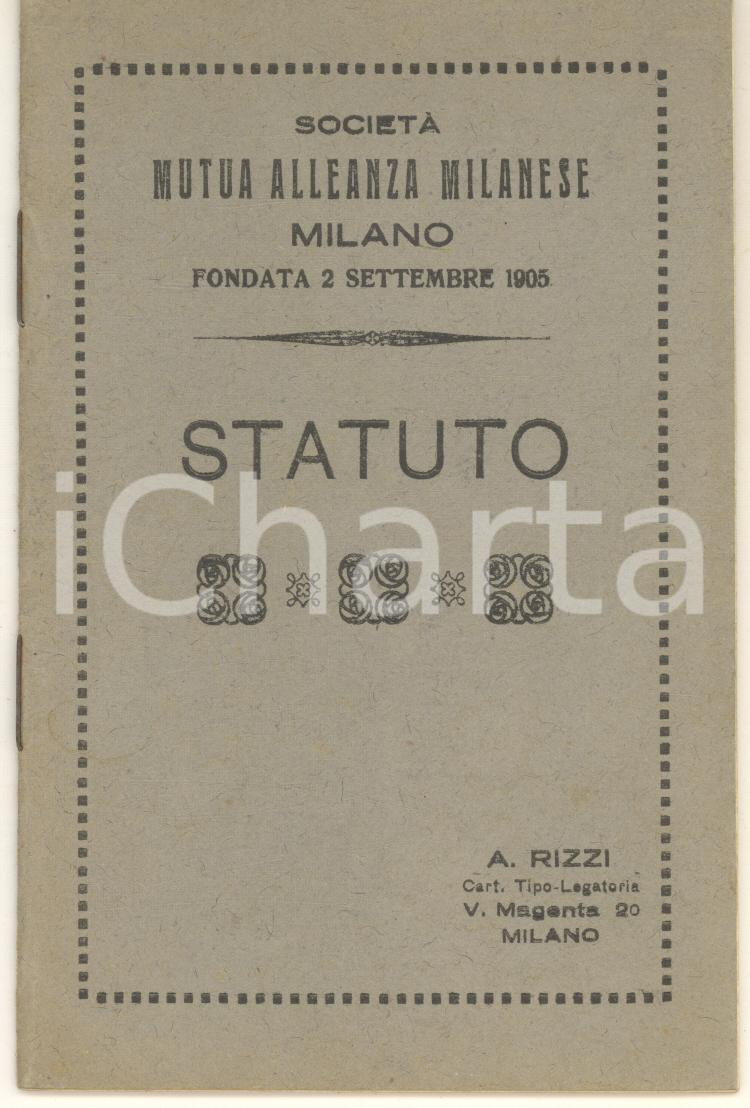 Libro, pubblicazione d epoca 1921 MILANO Società  MUTUA ALLEANZA MILANESE  Statuto 20 pp.  Tip. A. RIZZI 1