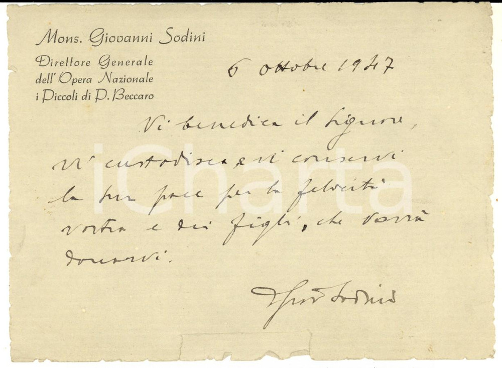 1947 MILANO Istituto Padre BECCARO - Mons. Giovanni SODINI - Biglietto AUTOGRAFO