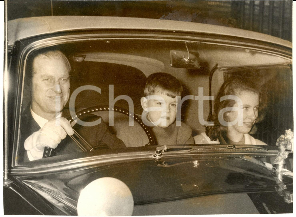 1964 LONDON Prince Andrew and Princess Ann driving to Windsor for Christmas