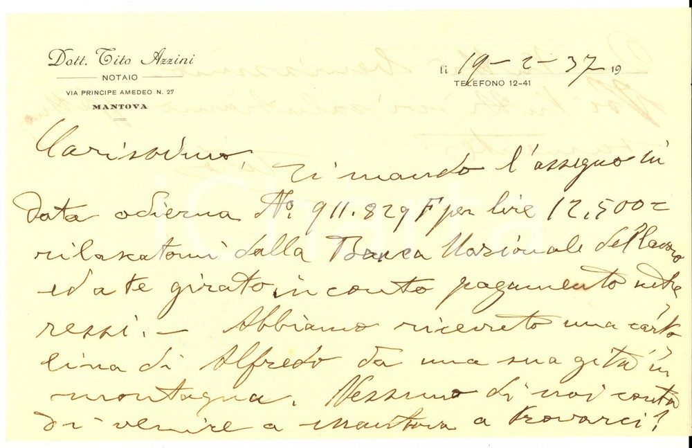 1937 MANTOVA Notaio Tito AZZINI - Lettera per saldo di pratica *Autografo