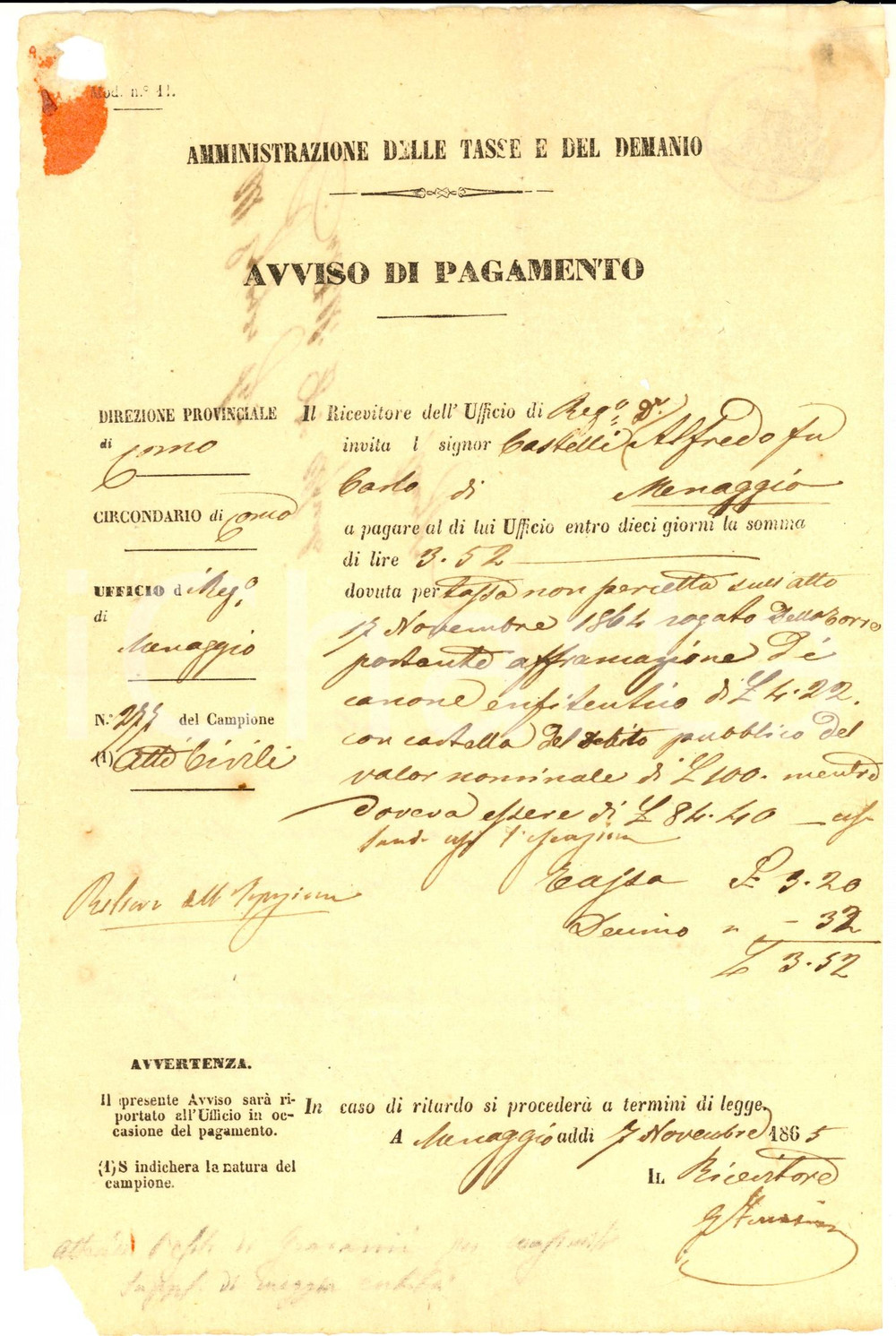 1865 MENAGGIO Avviso di pagamento ad Alfredo CASTELLI per censo su atto notarile