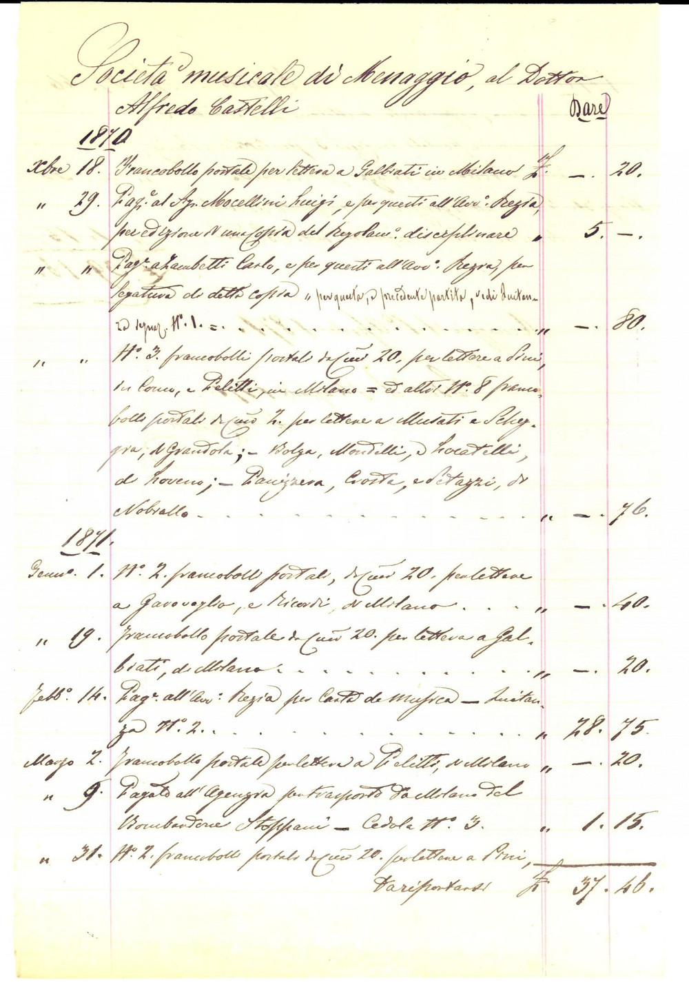 1871 MENAGGIO Società Musicale - Competenze bolli al cassiere Alfredo CASTELLI