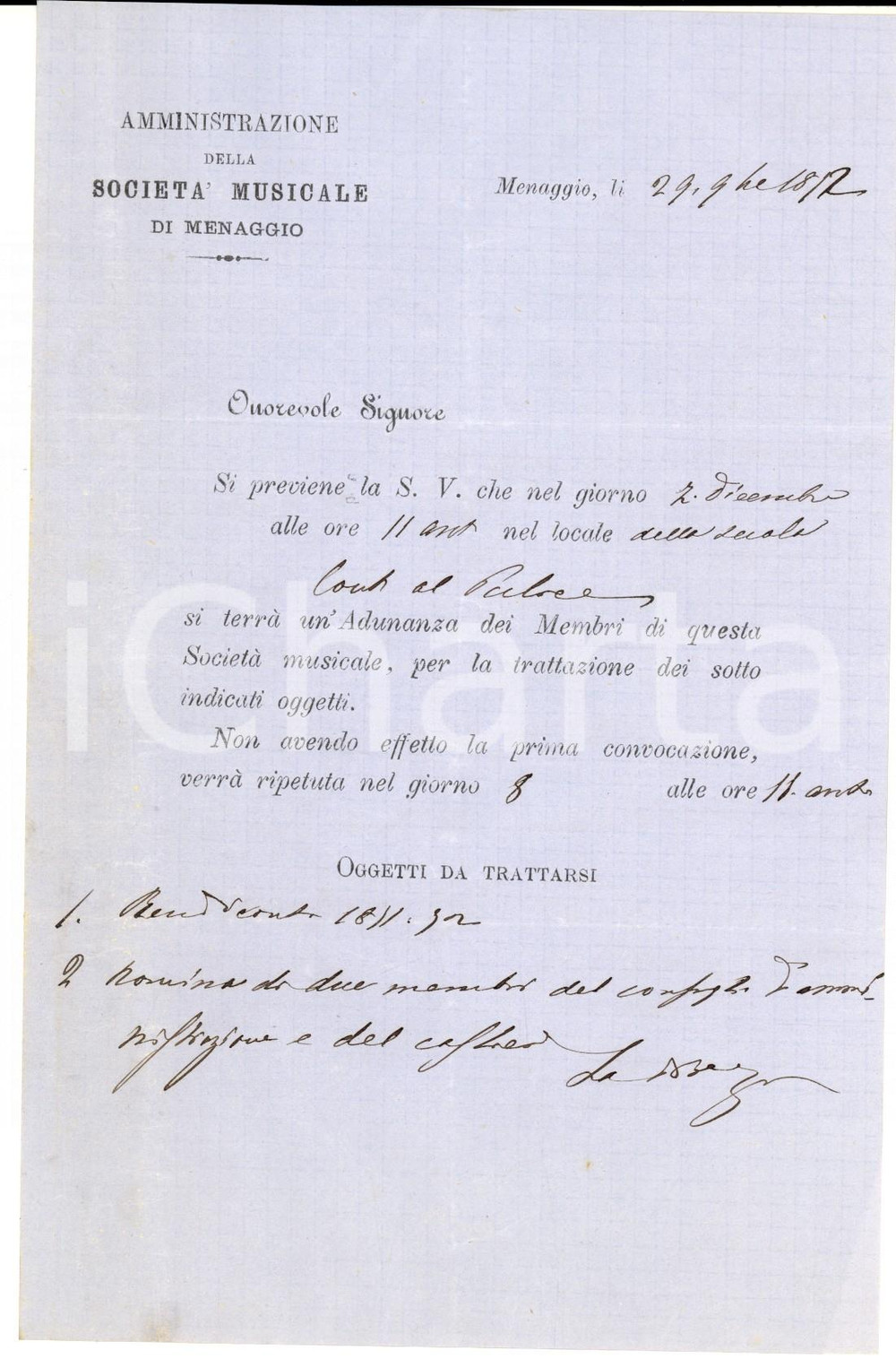 1872 MENAGGIO Società Musicale - Convocazione assemblea per nomina membri