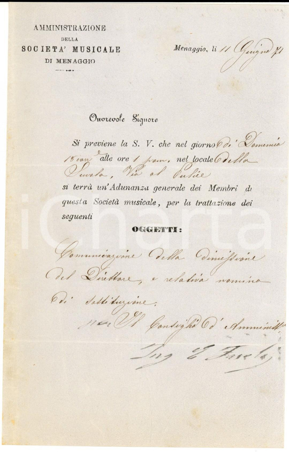 1871 MENAGGIO Società Musicale - Convocazione assemblea per dimissioni direttore