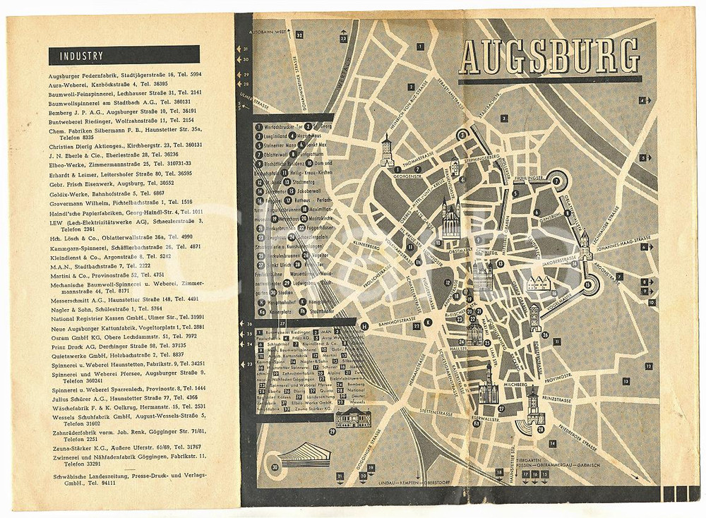 1950 ca AUGSBURG (DE) Pieghevole illustrato VINTAGE con mappa della città *9x20