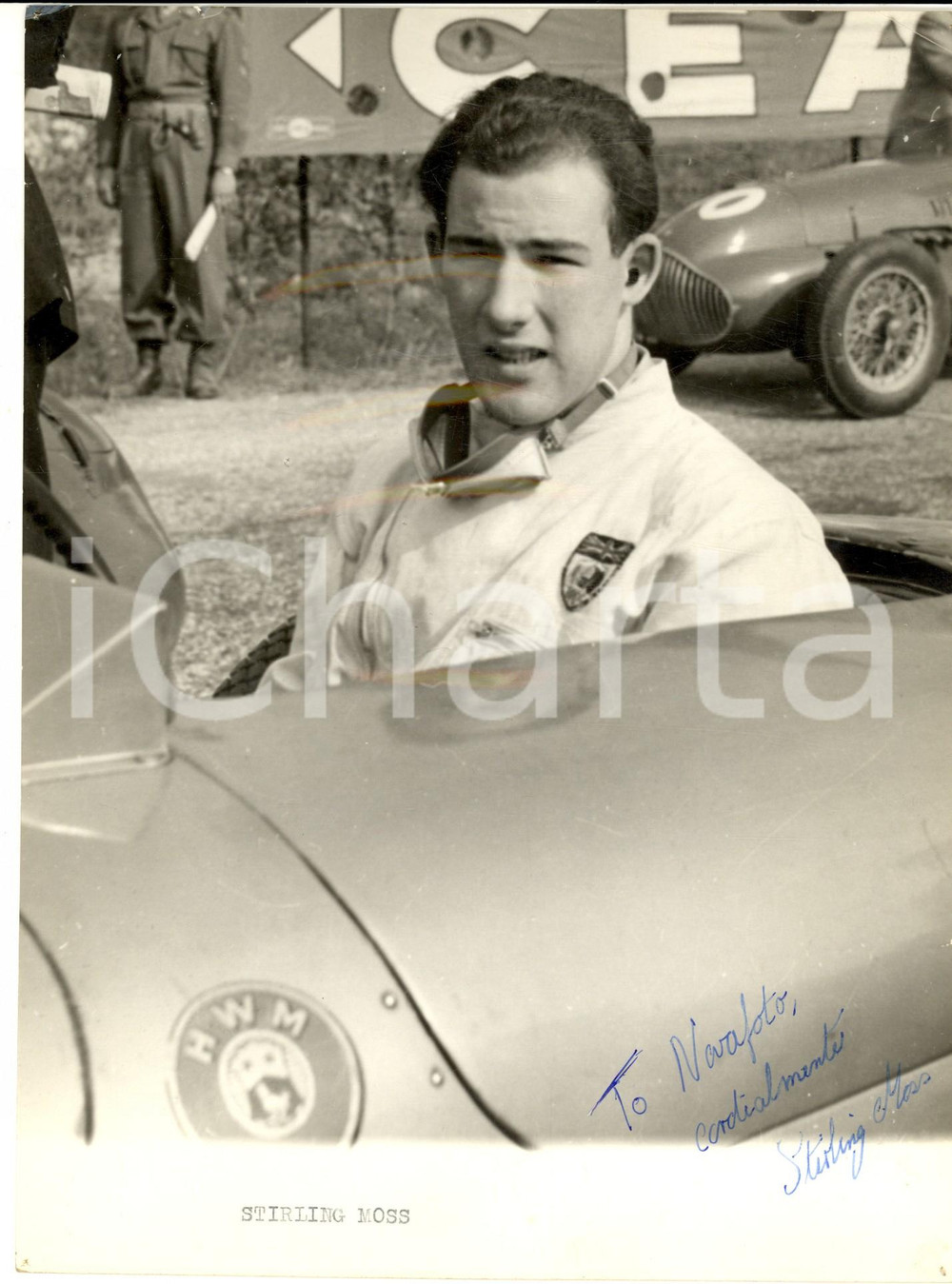 Autografo originale 1950 AUTOMOBILISMO Circuito del GARDA  Stirling MOSS  Foto con autografo 1