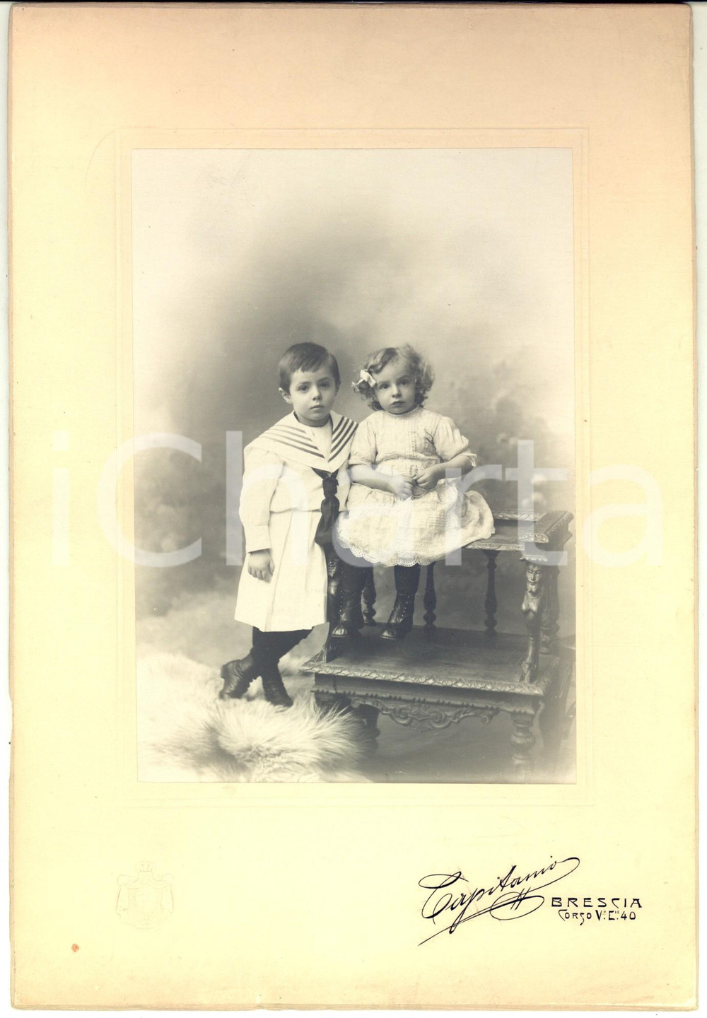 1910 ca BRESCIA Ritratto di due fratellini in abito bianco *Foto CAPITANIO 18x24