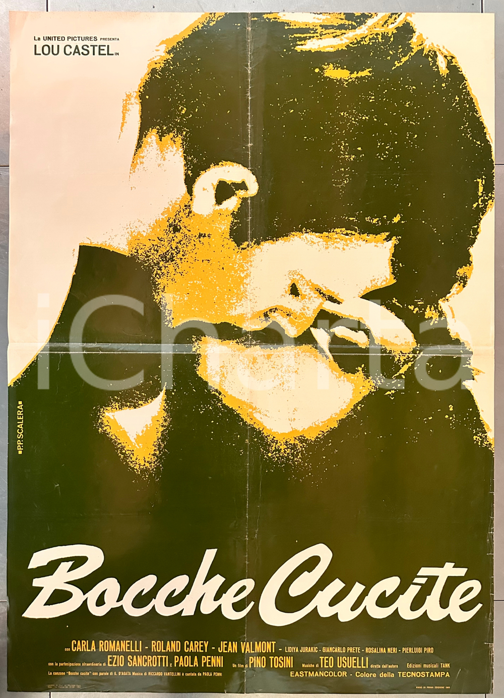 1969 Lou CASTEL Carla ROMANELLI "Bocche cucite" - Fotobusta poster 66x86 cm Fotobusta cinematografica (poster) originale dell'epoca. POOR/danneggiato piegature d'epoca; piccoli strappi marginali Formato: 66x86 cm originale e autentica 1