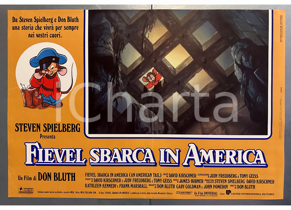 1987 Steven SPIELBERG - Don BLUTH "Fievel sbarca in America" *Fotobusta poster Fotobusta cinematografica (poster) originale dell'epoca.  POOR/danneggiato piegature d'epoca; strappi marginali FORMATO: 65x45 cm originale e autentica 1