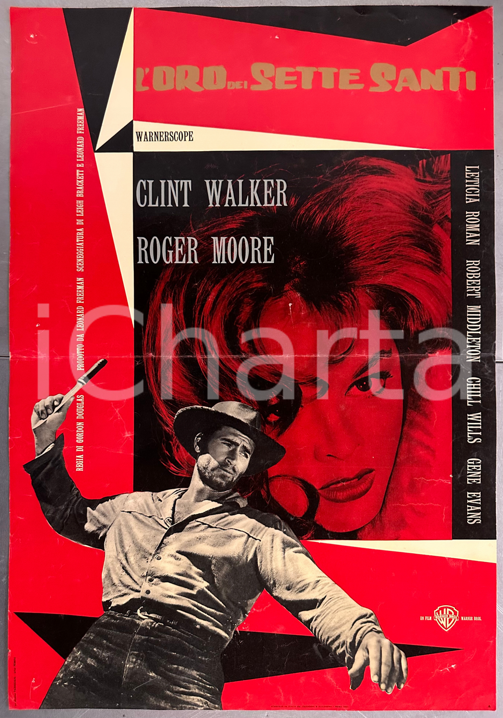 Materiale cinematografico d’epoca 1961 Clint WALKER Roger MOORE L oro dei sette santi Fotobusta WESTERN 47x67 cm 1