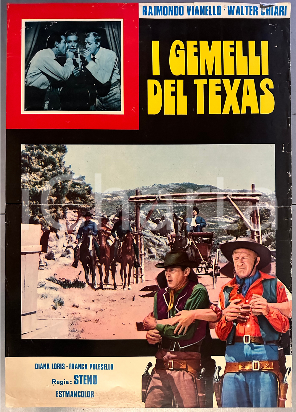 1964 Raimondo VIANELLO Walter CHIARI "I gemelli del Texas" - Fotobusta WESTERN Fotobusta originale d'epoca.  POOR/danneggiato piegature d'epoca; fori di affissione, con leggeri strappi; strappo al lato superiore FORMATO: 47x67 cm originale e autentica 1