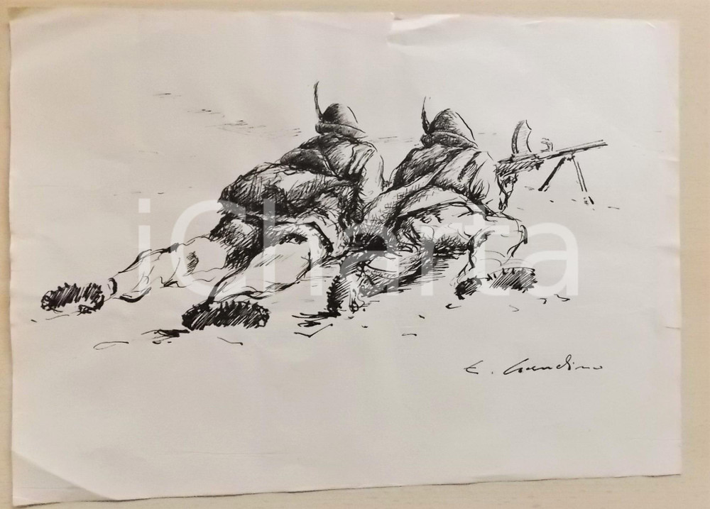 Stampa, bozzetto originale 1960 ca Enrico GAUDINO Due alpini in guerra  Disegno a china ORIGINALE FIRMATO 1