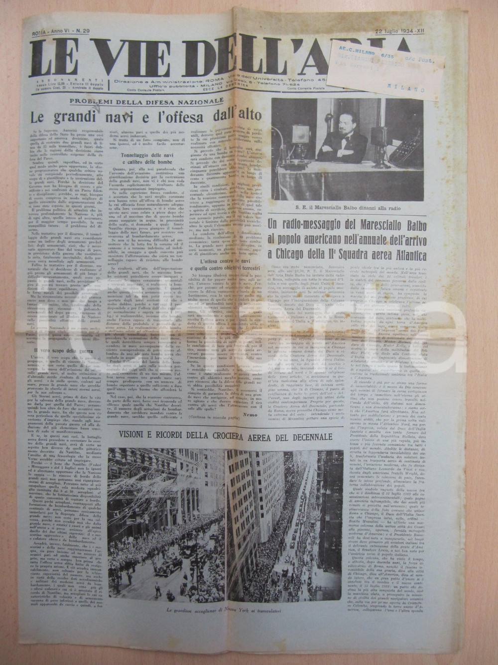 Giornale, rivista storica 1934 LE VIE DELL ARIA Nuove modalità guerra aeronavale Italo BALBO Giornale 1