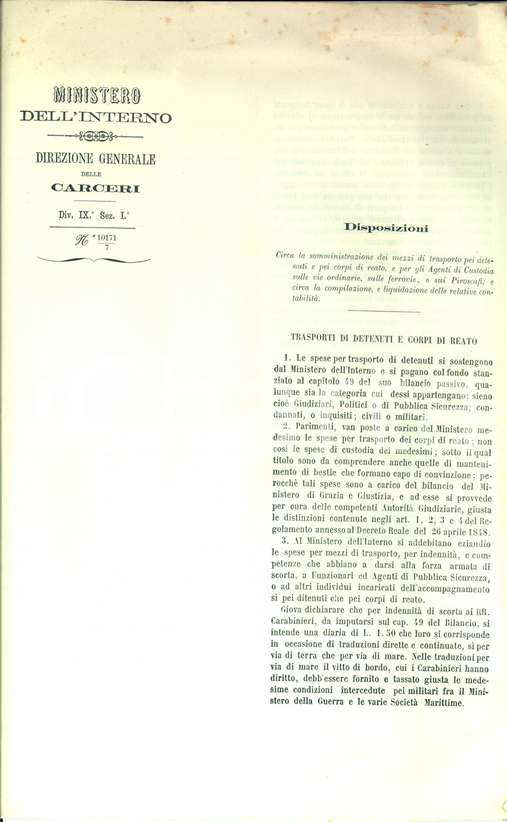 Documento originale, autentico 1864 REGNO D ITALIA Norme per trasporto detenuti e corpi di reato Documento 1