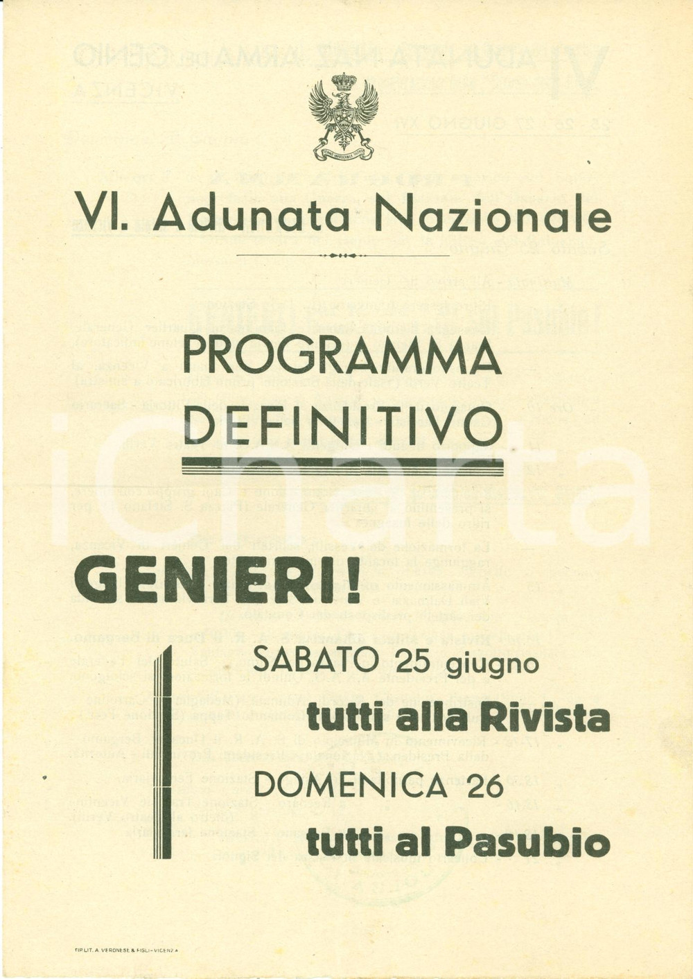 Documento originale, autentico 1938 VICENZA VI Adunata Nazionale GENIERI Ossario del PASUBIO Opuscolo 1