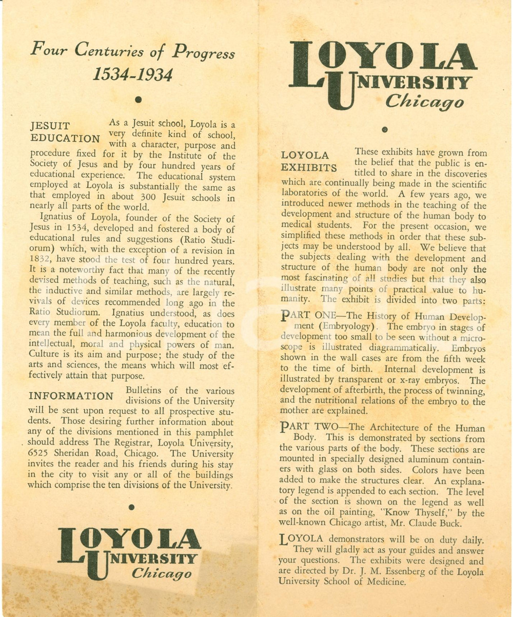 Materiale pubblicitario d’epoca 1934 CHICAGO USA Quarto centenario LOYOLA University Gesuiti Opuscolo 1