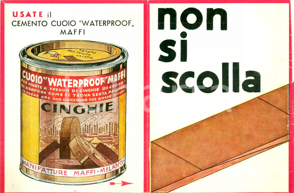 Materiale pubblicitario d’epoca 1935 ca MILANO Cemento cuoio WATERPROOF Manifattura MAFFI Opuscolo 1