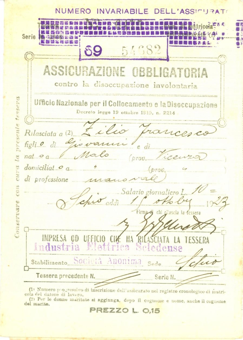 Oggetto da collezione cartaceo 1923 SCHIO VI Francesco ZILIO Industria Elettrica Scledense Tessera 1