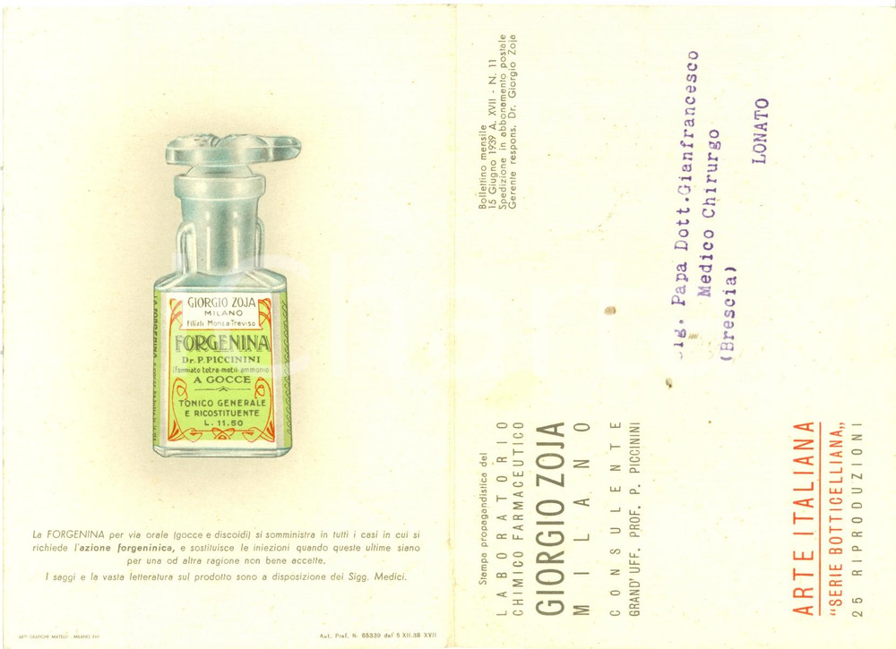 Materiale pubblicitario d’epoca 1939 MILANO Lab. farmaceutico Giorgio ZOJA Forgenina BOTTICELLI PubblicitÃ  1