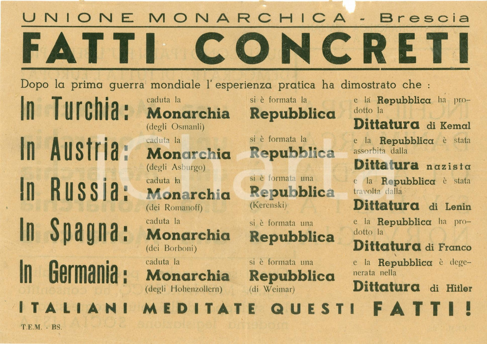 Materiale pubblicitario d’epoca 1950 ca BRESCIA Unione Monarchica Repubblica provoca DITTATURA Volantino 1
