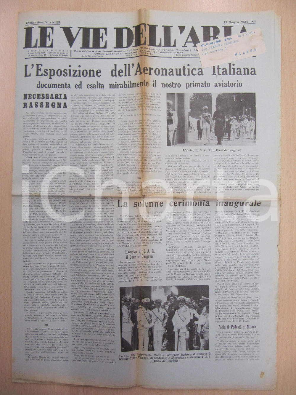 Giornale, rivista storica 1934 LE VIE DELL ARIA Esposizione Aeronautica Italiana a MILANO Giornale 1