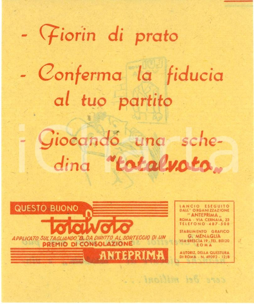 Oggetto da collezione cartaceo 1950 ca TOTALVOTO Buono d epoca ILLUSTRATO Travaso Idee 1