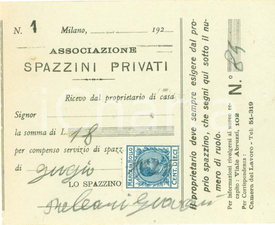 Documento originale, autentico 1925 MILANO Associazione spazzini privati Spazzino Gianni PALEARI Ricevuta 1