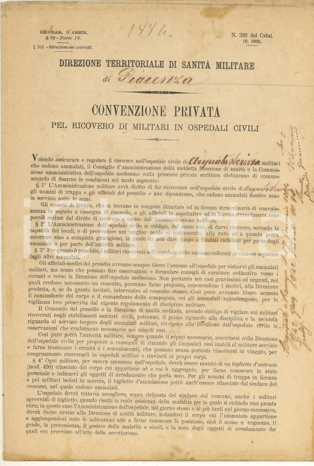 Documento originale, autentico 1884 ARQUATA SCRIVIA (AL) Convenzione per ricovero militari nell'ospedale civile 1