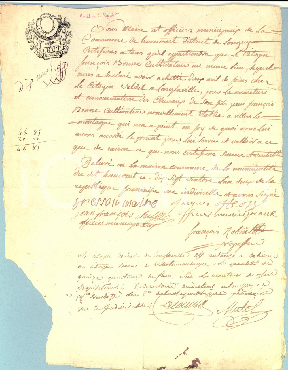 Documento originale, autentico 1794 HAUCOURTMOULAINE F FranÃ§ois BRUNE acquista fieno per cavalli del figlio 1