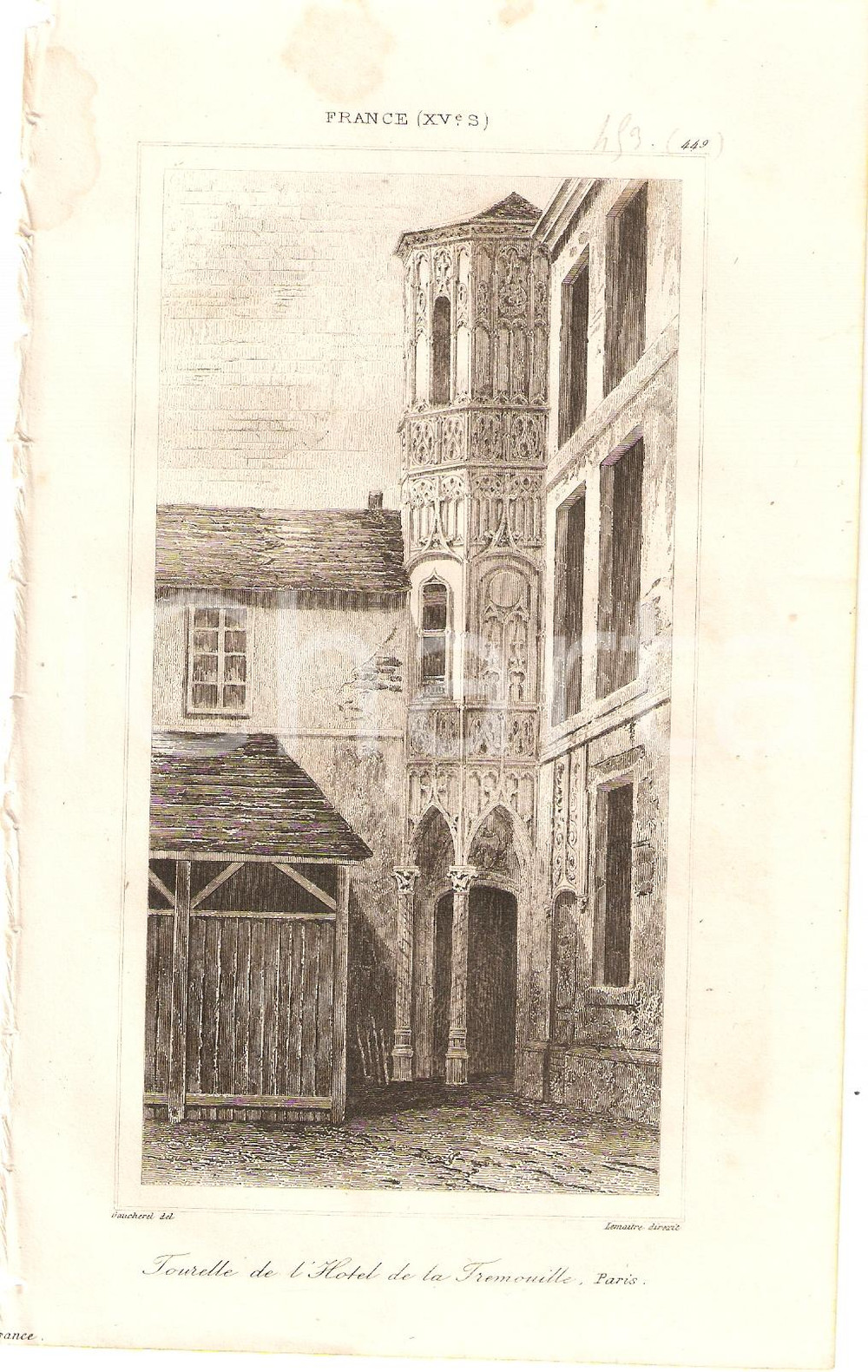 Stampa, bozzetto originale 1840 PARIS Tourelle de l' Hotel de la TREMOILLE L'univers *Stampa inc. LEMAITRE 1