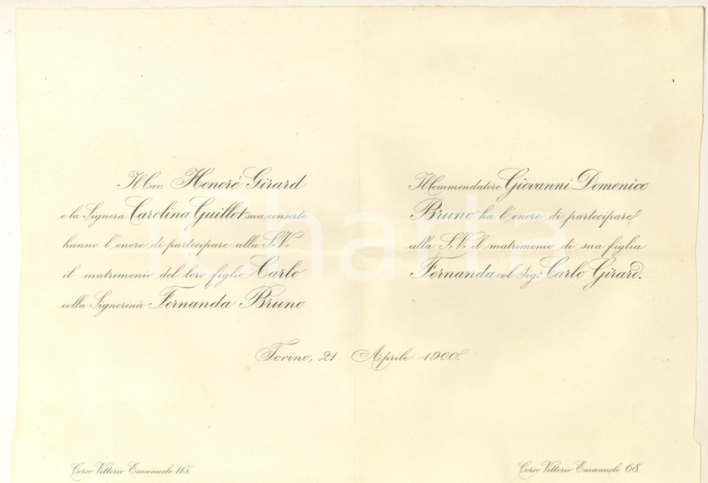 Documento originale, autentico 1900 TORINO - Partecipazione nozze Carlo Girard - Fernanda Bruno 1