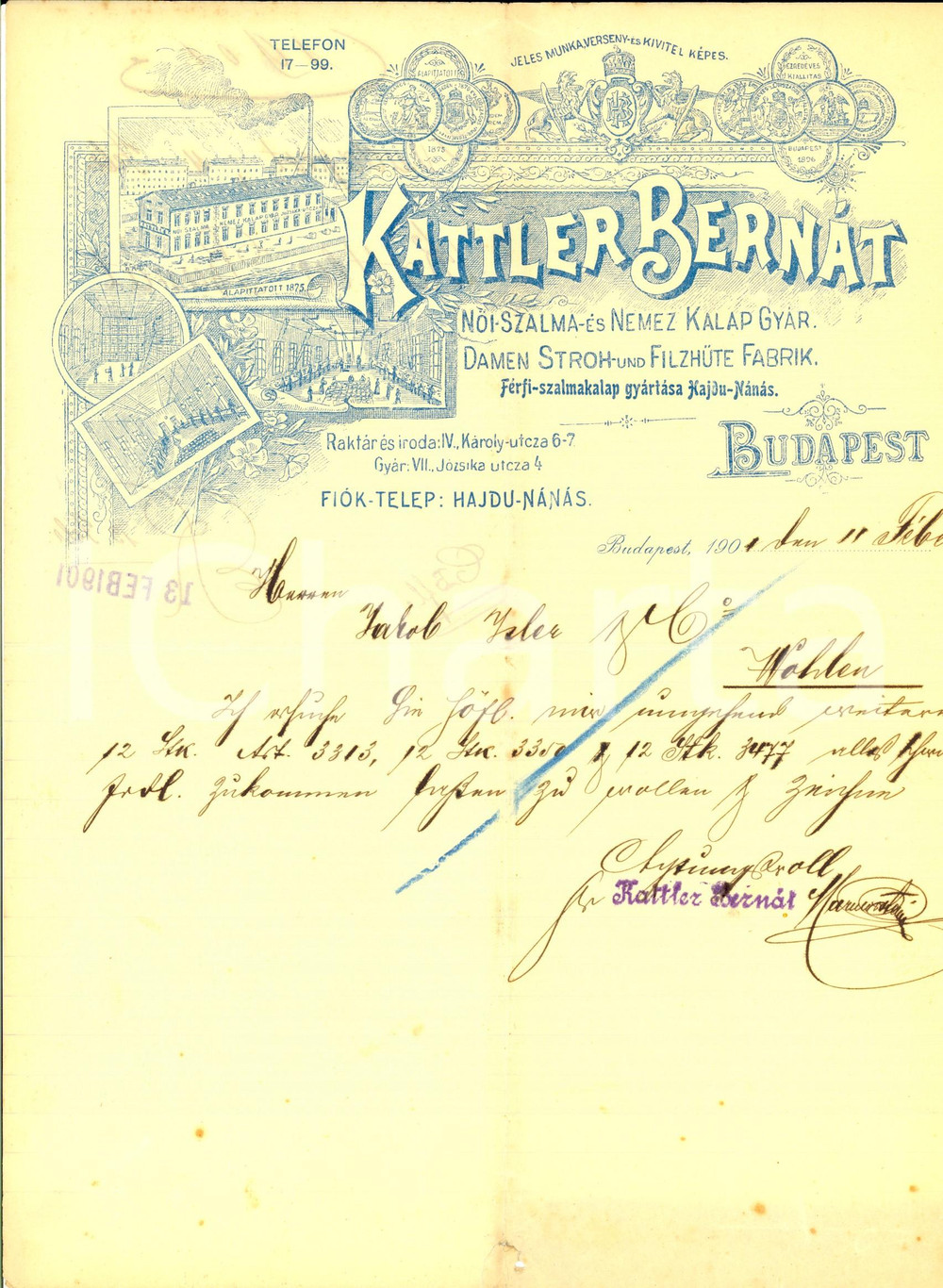 Documento originale, autentico 1901 BUDAPEST Ditta KATTLER BERNAT Cappelli di paglia e feltro  Lettera 1